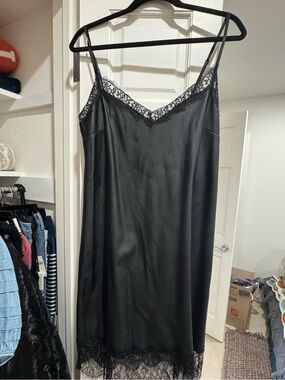Black Vegan Leather Lace Trim Slip Dress Women's Size Large Mini Cocktail Date